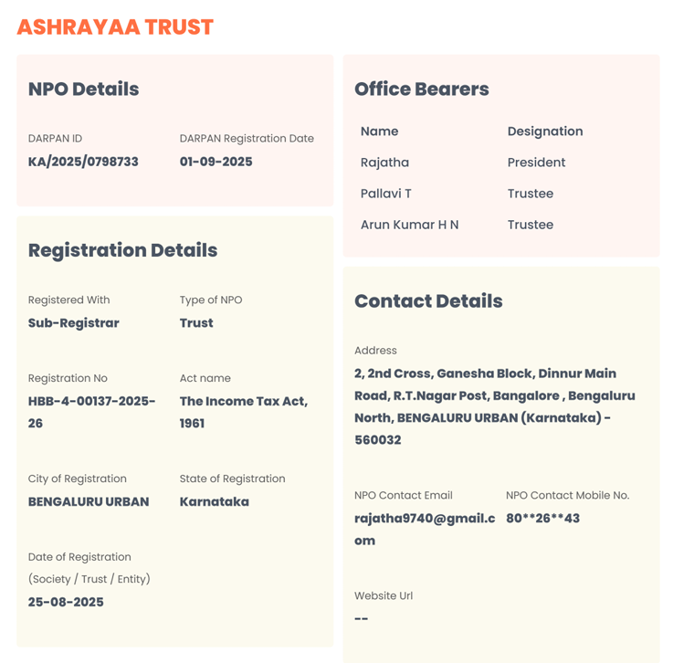 ashrayaa credentials on darpan